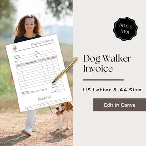 May include: A printable dog walker invoice template in US Letter and A4 size. The template includes fields for invoice number, date, client name, address, email, phone, date, service description, quantity, rate, amount, subtotal, discount, tax, and total amount. The template also includes a payment methods section and a thank you message.