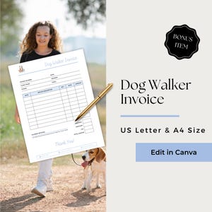 May include: A printable dog walker invoice template in US Letter and A4 size. The template includes fields for invoice number, date, client name, phone, email, address, service description, quantity, rate, amount, subtotal, discount, tax, and total amount. The template also includes a payment methods section and a thank you message.