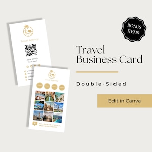 May include: Double-sided business card for a travel agency. The front side features a logo, contact information, and a QR code. The back side has a collage of travel photos and a call to action to follow for specials, sales, and promotions.