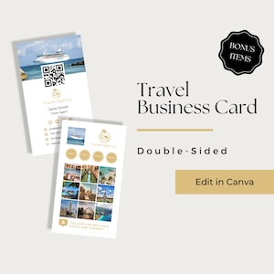 May include: Double-sided business card template for a travel agency. The front side features a cruise ship, a QR code, and the text "Travel Agency" and "Jane Smith, Travel Agent". The back side features a collage of travel photos and the text "Follow for specials, sales and promos".