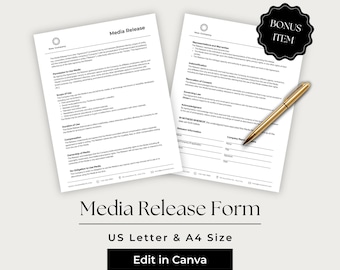 May include: Two white sheets of paper featuring a Media Release form with black text, a gold pen resting on the right page, and a black scalloped badge in the top right corner with the white text BONUS ITEM. The text includes Media Release Form.