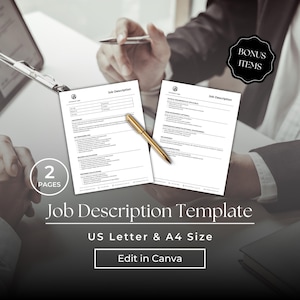 Puede incluir: Plantilla de descripción de puesto de dos páginas con un bolígrafo dorado. Se muestra el texto "Job Description Template", junto con "US Letter & A4 Size" y "Edit in Canva". Un círculo negro con las palabras "BONUS ITEMS" está en la esquina superior derecha.