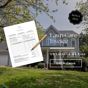 以下が含まれることがあります： 「Lawn Care Invoice」と「US Letter & A4 Size」のテキストが入った白い請求書テンプレート。 金色のペンが請求書の上に置かれています。 画像は家と緑の芝生の背景に設定されています。