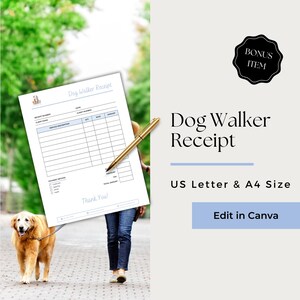 May include: A printable dog walker receipt template in US Letter and A4 size. The template includes fields for receipt number, date, client name, client number, service description, quantity, rate, amount, payment method, subtotal, tax, total amount, and a thank you message.