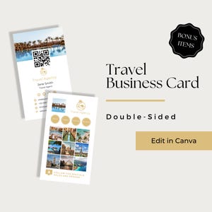 May include: Double-sided business card template for a travel agency. The front side features a QR code, contact information, and the text "Travel Agency" and "Jane Smith, Travel Agent". The back side features a collage of travel photos and the text "Follow for specials, sales and promos".