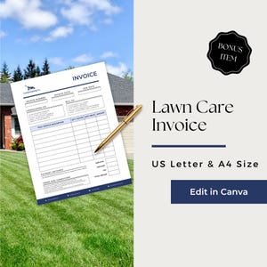 May include: A Lawn Care Invoice template with a blue border, a gold pen, and the text "Lawn Care Invoice". The invoice is US Letter & A4 Size. A bonus item sticker is in the upper right corner. The background shows a house and lawn.