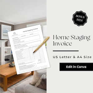 Puede incluir: Una plantilla de factura de Home Staging en tamaños US Letter y A4. El documento es blanco con texto negro y un bolígrafo dorado encima. Las palabras "Home Staging Invoice" se muestran en una fuente grande. Un botón negro dice "Edit in Canva".