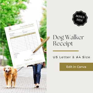 May include: A printable dog walker receipt template in US Letter and A4 size. The template includes fields for receipt number, client name, service description, quantity, rate, and amount. The template also includes a section for payment method and a thank you message.