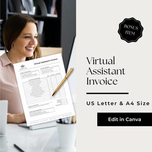 May include: A woman smiles while holding a white Virtual Assistant Invoice. A gold pen rests on the invoice. The text "Virtual Assistant Invoice" is displayed, along with "US Letter & A4 Size" and "Edit in Canva."