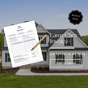 以下が含まれることがあります： 芝生の手入れの請求書テンプレート。金色のペンが使われ、黒いシャッターが付いた白い家の背景に設定されています。請求書には詳細を入力するフィールドがあり、「US Letter & A4 Size」と「Edit in Canva」と表示されています。