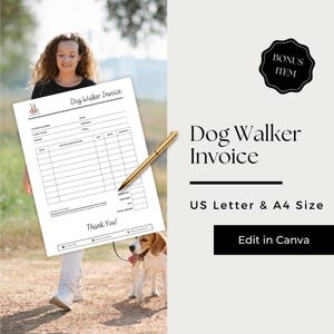 May include: A printable dog walker invoice template in US Letter and A4 size. The template includes fields for invoice number, client name, date, service description, quantity, rate, and amount. The template also includes a section for subtotal, discount, tax, and total amount. The template has the text "Dog Walker Invoice" at the top and "Thank You!" at the bottom.