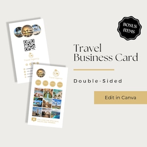 May include: Double-sided business card template for a travel agency. The front features a QR code, contact information, and a logo. The back features a collage of travel photos and the text "Follow for specials, sales and promos".