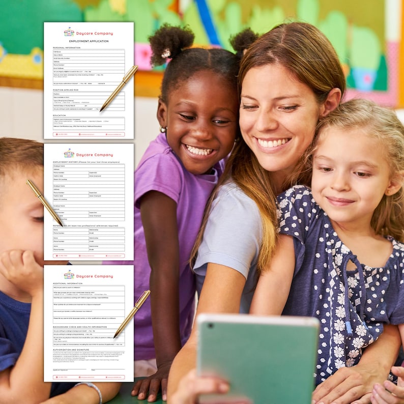 May include: A woman and two young girls smile while looking at a tablet. Three employment application forms with gold pens are in the background. The forms are labeled "Daycare Company". The girls wear purple and blue tops.