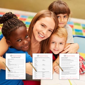May include: A group of children and an adult smiling, with three employment application forms in the foreground. The forms are white with black text and gold pens pointing to them. The forms have the logo of the "Daycare Company".