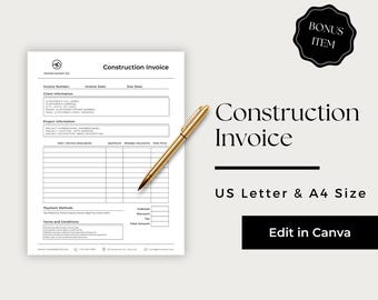 Construction Invoice, Builders Invoice, Renovation Invoice Template, Contractor Invoice, Vendor Invoice, CST101-1