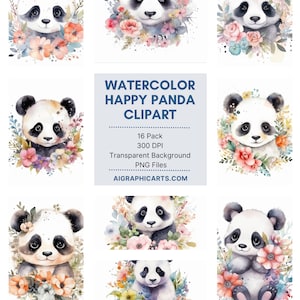 Watercolor happy panda clipart, Cute panda clipart bundle, Wild animal clipart, Baby panda png, Paper craft, Junk Journal, Scrapbooking