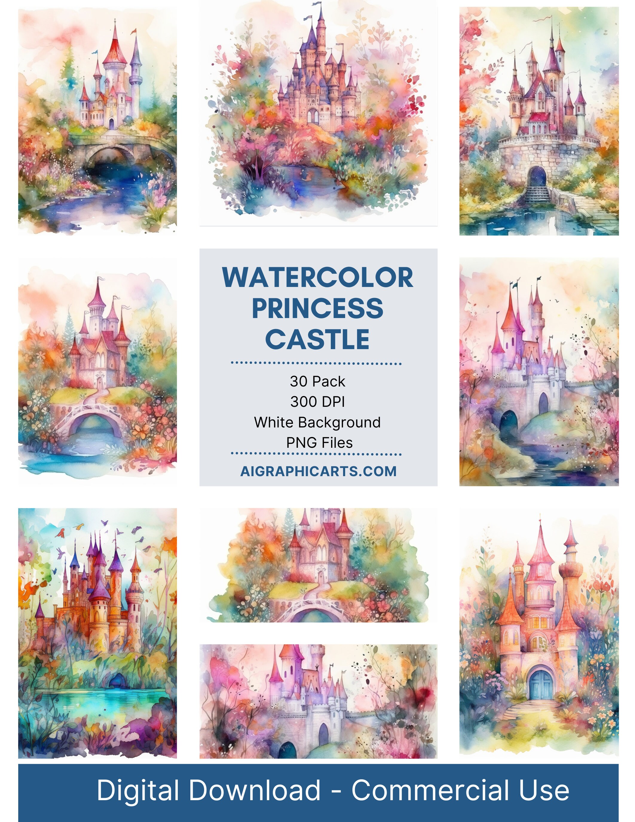 30 File Bundle Princess Castle Clipart PNG Watercolor Sublimation ...