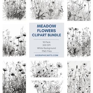 Black and White Meadow Flowers Clipart - spring wildflower floral PNG format instant download for commercial use