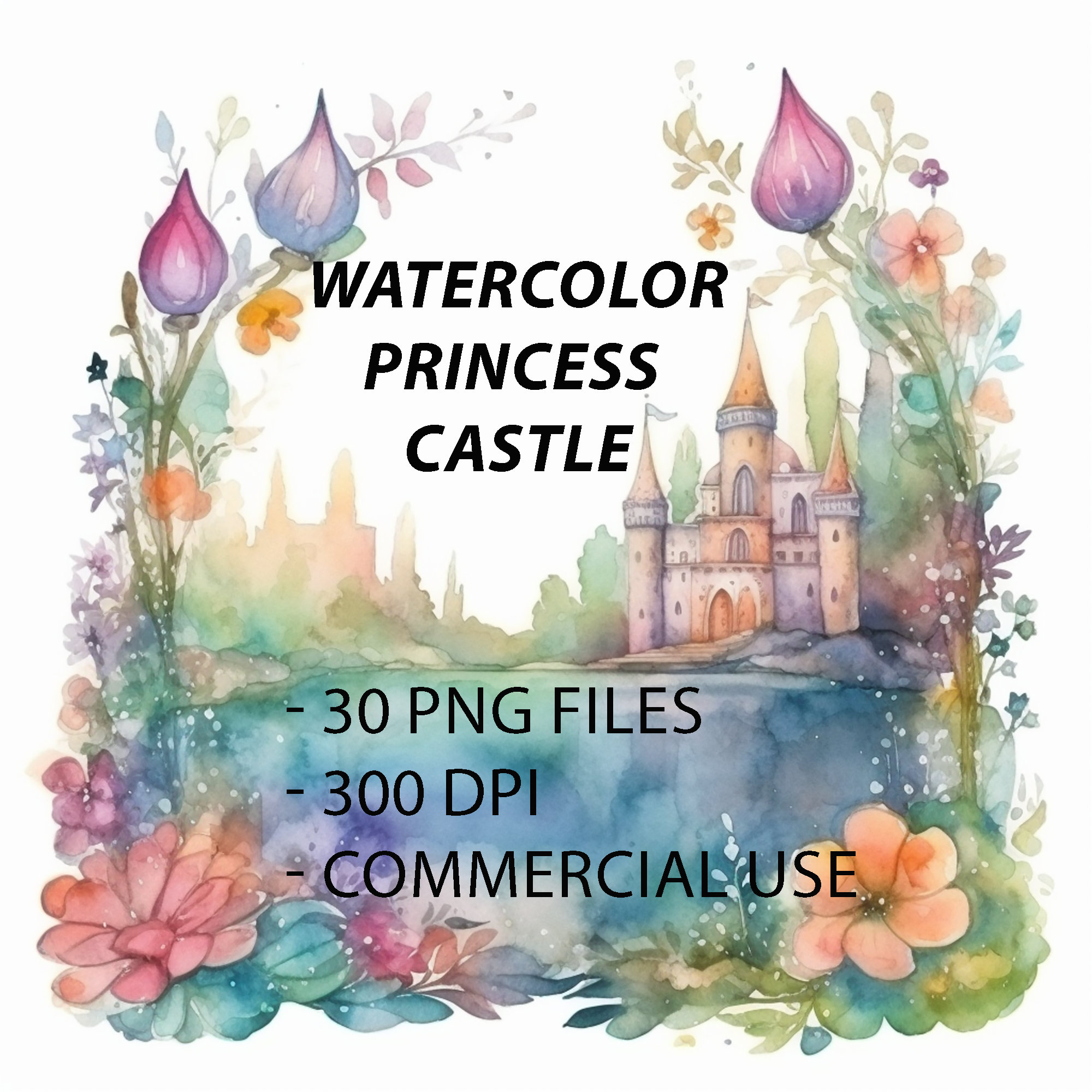 30 File Bundle Princess Castle Clipart PNG Watercolor Sublimation ...