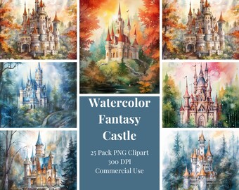 Paquete de 25 archivos, Clip Art Fantasy Castle Acuarela PNG para descarga y uso comercial y elaboración de paisajes de fantasía Uso juegos Clip Art