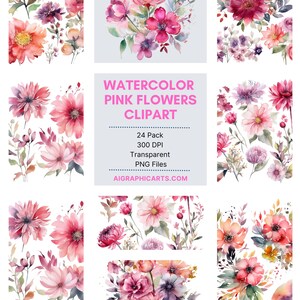 24 Pink Watercolor Meadow Flowers Clipart - spring wildflower floral PNG format instant download for commercial use