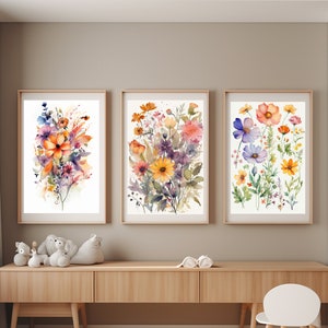 Bunte Wildblumen Kunst 4er Set, Helle Blumendrucke, digitaler Download, druckbare Blumen Aquarelle auf transparentem und weißem Hintergrund