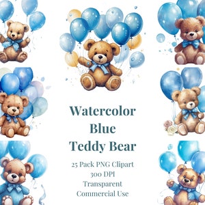 Lot de 25 fichiers, aquarelle ours en peluche Clip Art Clipart Pack, Baby Shower pour un garçon, usage commercial Clipart, PNG Transparent, ballons bleus
