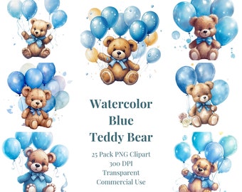 25 File Bundle, Watercolor Teddy Bear Clip Art Clipart Pack, Baby Shower for a boy, Clipart commercial use, Transparent PNG, Blue Balloons