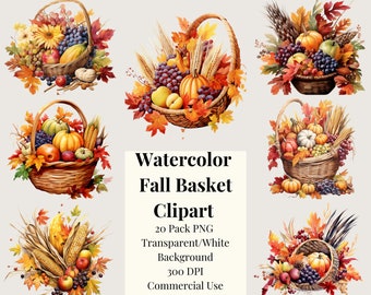 Set of 20 Watercolor Fall Basket Clipart, Autumn Clipart, Fall Clipart, Thanksgiving, Yellow Red Leaf, Woodland, Rustic, Oak, Maple leaves