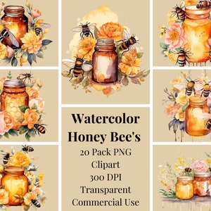 20 Pack - Watercolor Honey Bee Clipart, spring garden bee and honey drips clip art PNG graphics instant download for commercial use