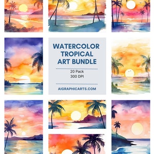 Watercolor Tropical Sunsets Clipart, 20 PNG Files, digital graphics, beach landscape for commercial use instant download commercial use