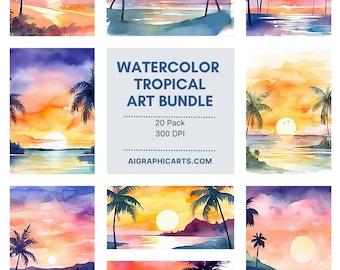 Watercolor Tropical Sunsets Clipart, 20 PNG Files, digital graphics, beach landscape for commercial use instant download commercial use