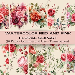 30 Pack Transparent Watercolor Floral Clipart - Red and Blush Flowers - Floral Clipart - Wedding Clipart - Roses Clipart - Flowers Clipart