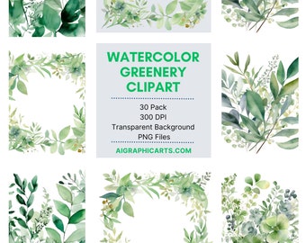 30 ファイル バンドル、緑の水彩画クリップアート、緑のバンドル クリップアート 植物クリップアート 水彩画クリップアート 結婚式のクリップアート 招待状