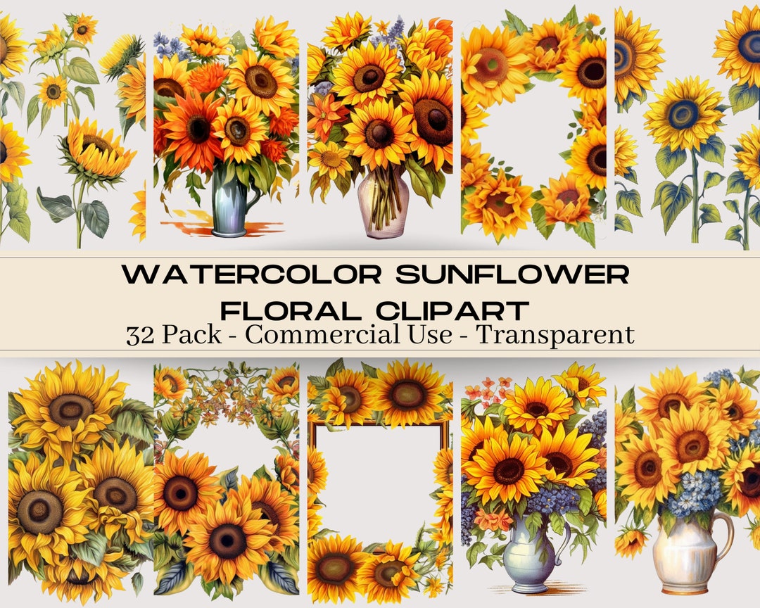 32 Pack Watercolor Sunflowers Clipart - Fall Sunflower Floral Bouquets ...