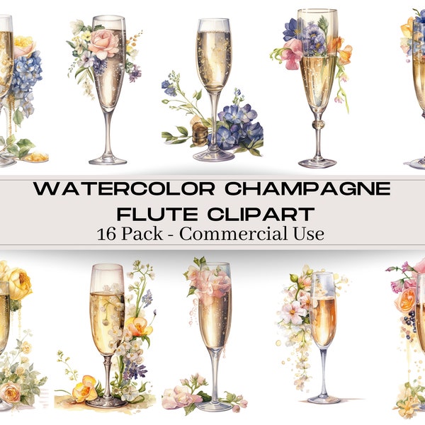 16 Pack Transparent WATERCOLOR Champagne Clip Art - Gold and Pink Champagne Flutes - Champagne Toast - Champagne PNG - Illustrations