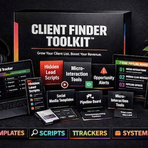 Könnte beinhalten: Ein Client Finder Toolkit Box-Set mit Laptop, Tablet und Smartphone, die digitale Dashboards anzeigen. Die Sammlung enthält Karten mit der Aufschrift Daily Lead Tracker, Hidden Lead Scripts, Micro-Interaction Tools, Opportunity Alerts, Social Media Templates, Pipeline Board und Upsell Templates.