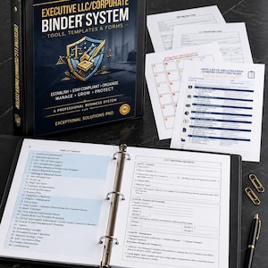 May include: A black three-ring binder titled Executive LLC/Corporate Binder System with a gold shield logo. The binder is open to a table of contents and an LLC operating agreement. Several loose printed forms and two gold paper clips are included.