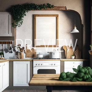 Könnte beinhalten: Eine weiße Küche mit einem Holztisch im Vordergrund. Die Küche verfügt über weiße Schränke, einen weißen Herd und ein gerahmtes Bild an der Wand. An der Wand hängen Holzschneidebretter und Utensilien.