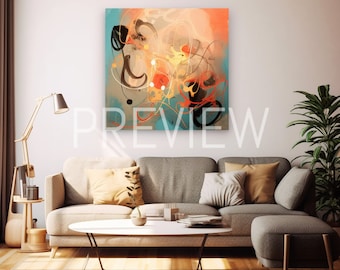 Könnte beinhalten: Abstraktes Gemälde mit Wirbeln in Orange, Gelb und Blau auf einer Leinwand. Das Gemälde hängt an einer weißen Wand über einem grauen Sofa mit Kissen.