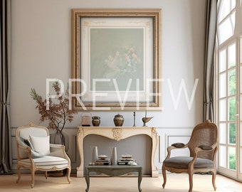 Könnte beinhalten: Ein Wohnzimmer-Interieur mit einem Kamin, zwei Stühlen, einem Couchtisch und einem gerahmten Gemälde mit einem floralen Motiv. Die Wände sind in Hellgrau gestrichen und der Boden ist aus hellem Holz.