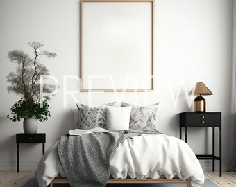 Könnte beinhalten: Schlafzimmer-Interieur mit einem Bett mit weißer Bettwäsche, gemusterten Kissen und einer grauen Decke. Eine goldfarbene Lampe steht auf einem schwarzen Nachttisch. Ein leerer Rahmen hängt über dem Bett. Eine Pflanze in einer grauen Vase steht auf dem anderen Nachttisch.