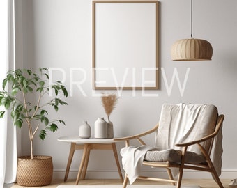 Könnte beinhalten: Ein hellbrauner Sessel mit einer weißen Wolldecke steht in einem Wohnzimmer mit einem Holz-Couchtisch, einer Topfpflanze und einem gerahmten Bild an der Wand. Eine Hängeleuchte aus Weidengeflecht hängt von der Decke.