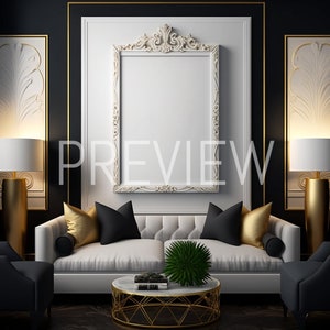 K&ouml;nnte beinhalten: Ein wei&szlig;es Sofa mit goldenen und schwarzen Kissen steht in einem Raum mit schwarzen W&auml;nden und goldenen Akzenten. Ein gro&szlig;er, verzierter Rahmen mit wei&szlig;em Hintergrund h&auml;ngt an der Wand &uuml;ber dem Sofa. Ein Couchtisch mit einem goldenen Metallgestell und einer wei&szlig;en Marmorplatte steht vor dem Sofa. Auf dem Couchtisch liegen ein Buch und eine gr&uuml;ne Pflanze. Zwei Lampen mit goldenen Sockeln und wei&szlig;en Schirmen stehen an beiden Seiten des Sofas.