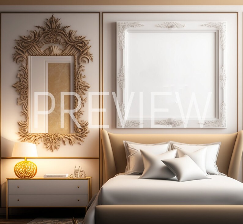 K&ouml;nnte beinhalten: Ein wei&szlig;es Schlafzimmer mit einem gro&szlig;en, verzierten, wei&szlig;en Rahmen um eine leere Leinwand. Das Bett hat ein beigefarbenes Kopfteil und wei&szlig;e Bettw&auml;sche mit wei&szlig;en Kissen. Eine goldene Lampe steht auf einem wei&szlig;en Nachttisch mit zwei Schubladen.