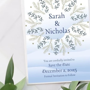 Snowflake Wreath Save the Date, Winter Invitation Announcement, Digital Customizable Template, Wedding Engagement