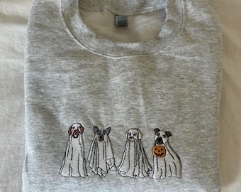 Embroidered Halloween Dog Sweatshirt Ghost Dogs Crewneck Fall Pumpkin Pullover Cute Spooky Dog Shirt Cozy Gildan Halloween Sweater