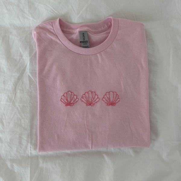 Pink Seashell Hand Embroidered T-shirt