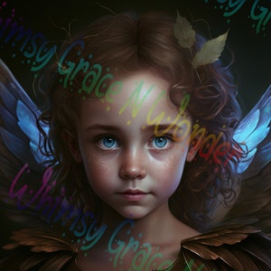 Puede incluir: Una niña joven con cabello largo castaño y ojos azules se representa como un hada con alas azules y marrones. Tiene una expresión seria en su rostro y lleva un atuendo marrón y dorado.