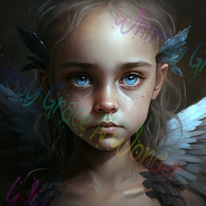 May include: A young girl with blonde hair and blue eyes wears a dark feathered headband and has large white wings behind her. She has a serious expression on her face.